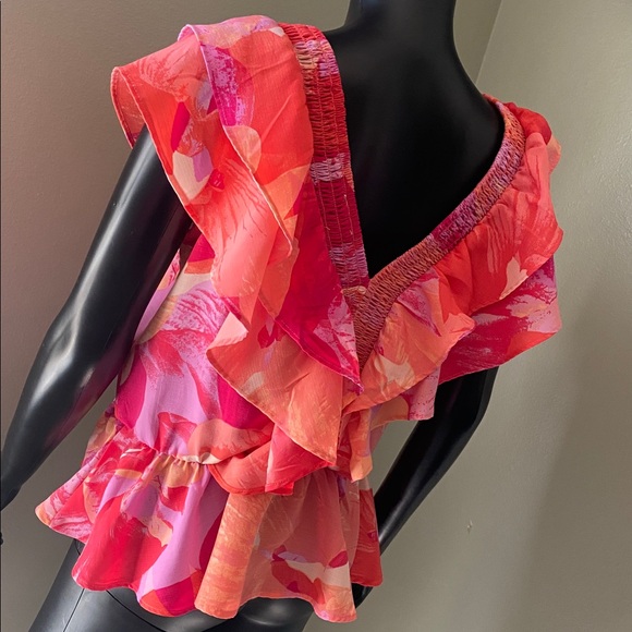 Floral Ruffle V-Neck Top - Pink and Red - Picture 6 of 10
